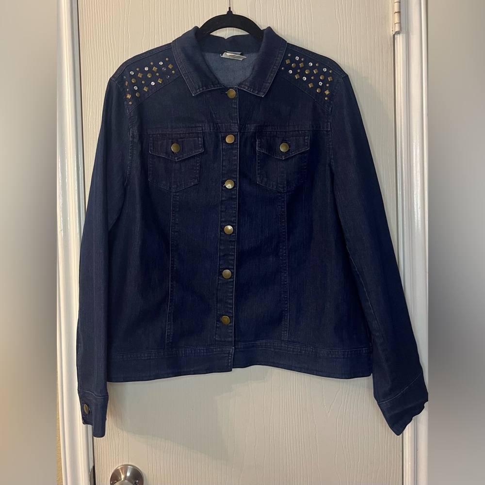 🛍️Southern Lady Dark Blue Jean Jacket with Rhinestone Embellishments - Size 14